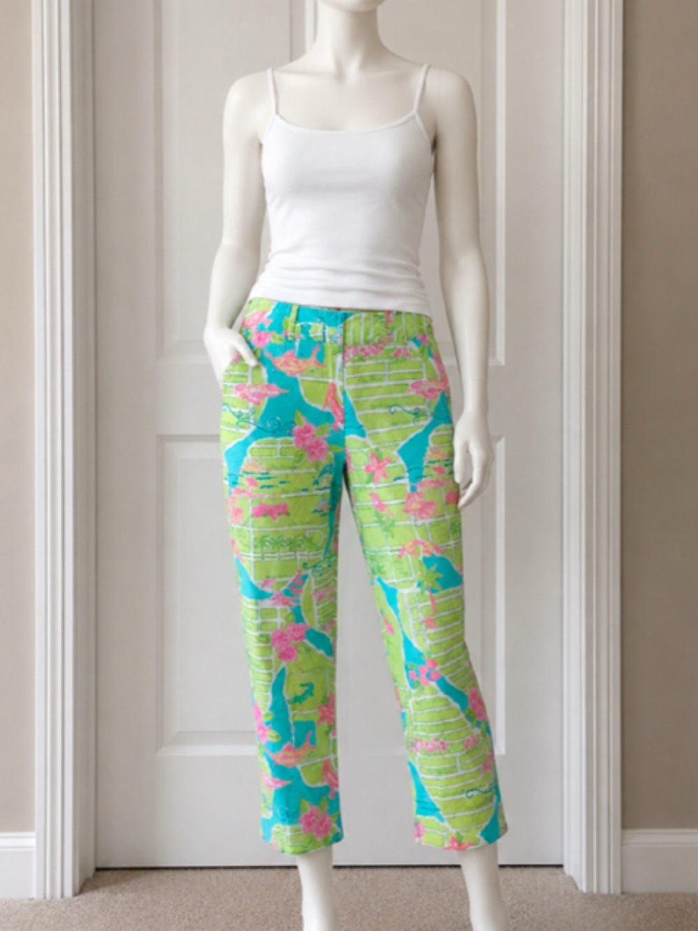 Lilly Pulitzer Lime Green, Aqua & Pink Cropped Tropical-Print Pants
